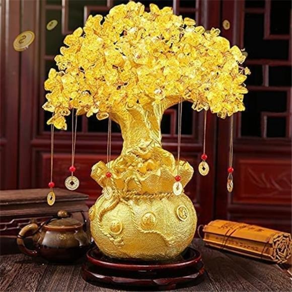 Citrine/Yellow Crytal Money Tree with Chinese Dragon Pots - Picture 2 of 6